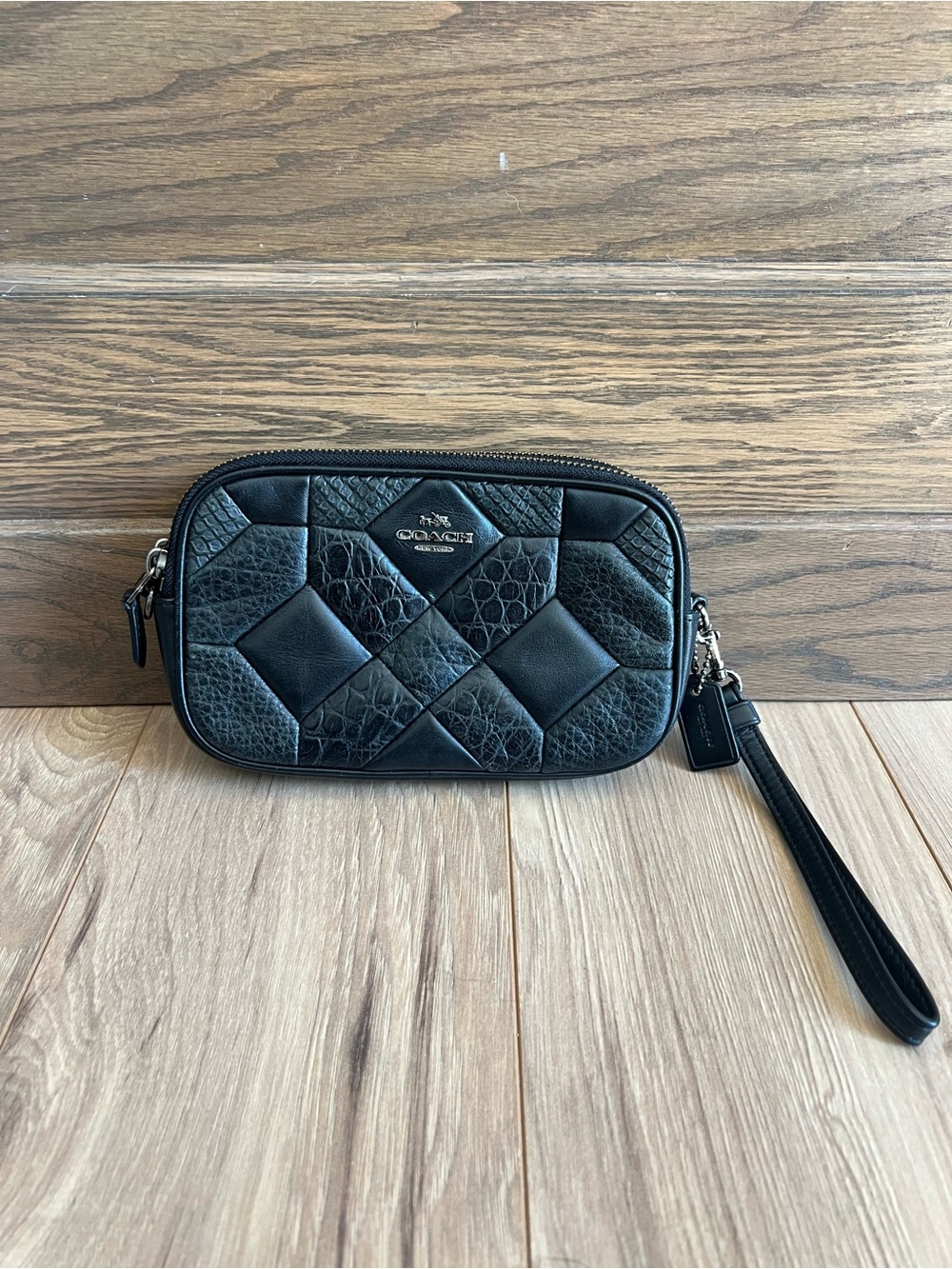 Coach Black Quilted Patchwork Leather Wristlet with Strap